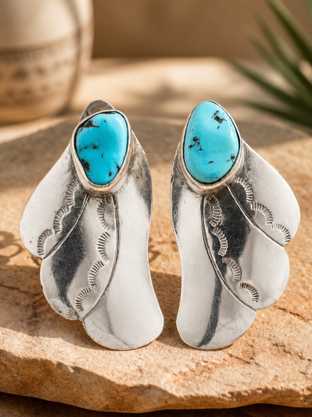 Vintage Turquoise Sterling Silver Leaf Clip on Earrings